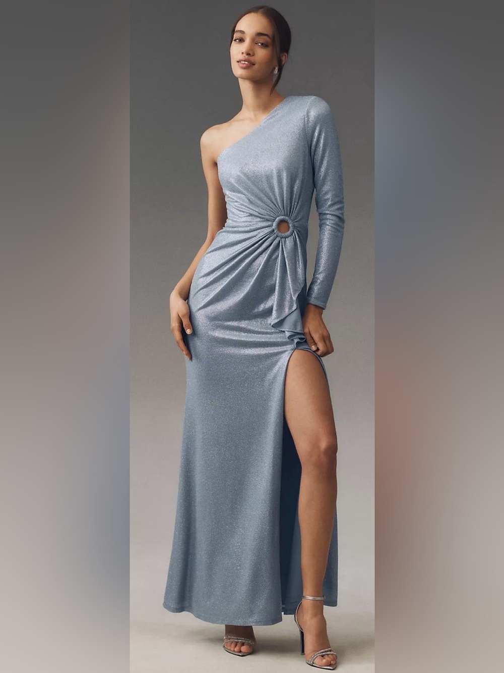 Dress the Population Silver-Blue One-Shoulder Ring-Accent Evening Gown